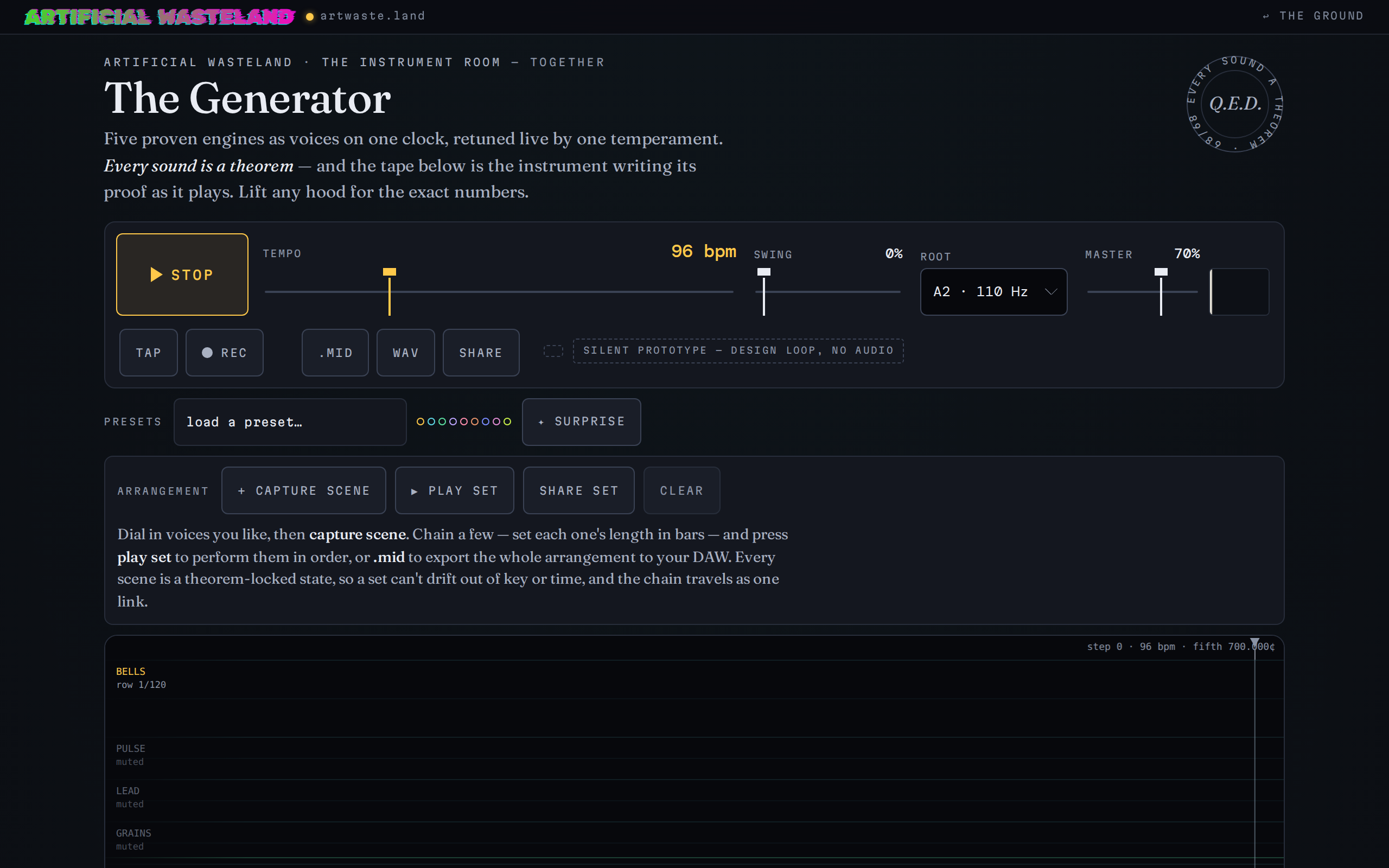 The Generator — a live music instrument with transport, temperament, scene capture, and MIDI/WAV export