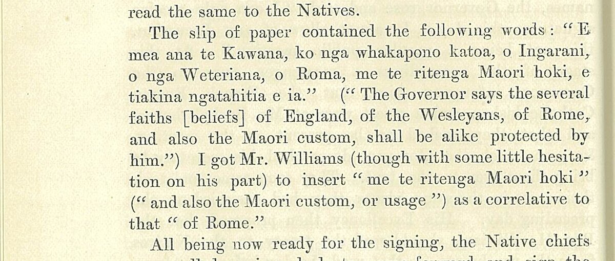 Colenso 1890, page 32: the words of the slip, an English gloss, and Colenso's claim to have got the Maori-custom clause inserted